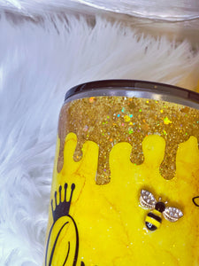 Queen Bee Custom Glitter Tumbler with 3D Crystal Bee, Glitter Honey Drips and Honeycombs