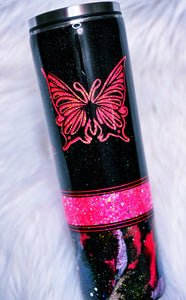 Butterfly Custom Glitter 3 Section Peek A Boo Marble Stainless Steel Tumbler Cup