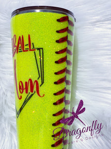 Softball Mom Custom Glitter Stainless Steel Tumbler with Laces