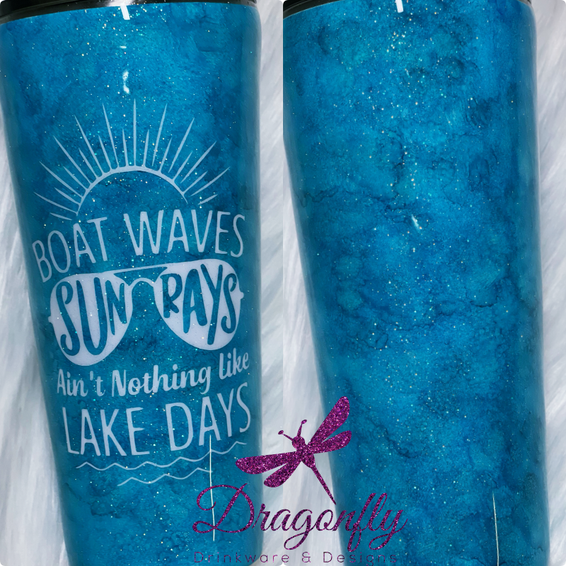 Boat Waves Sun Rays Ain't Nothing Like LAKE DAYS Custom Watercolor and Glitter Stainless Steel Tumbler