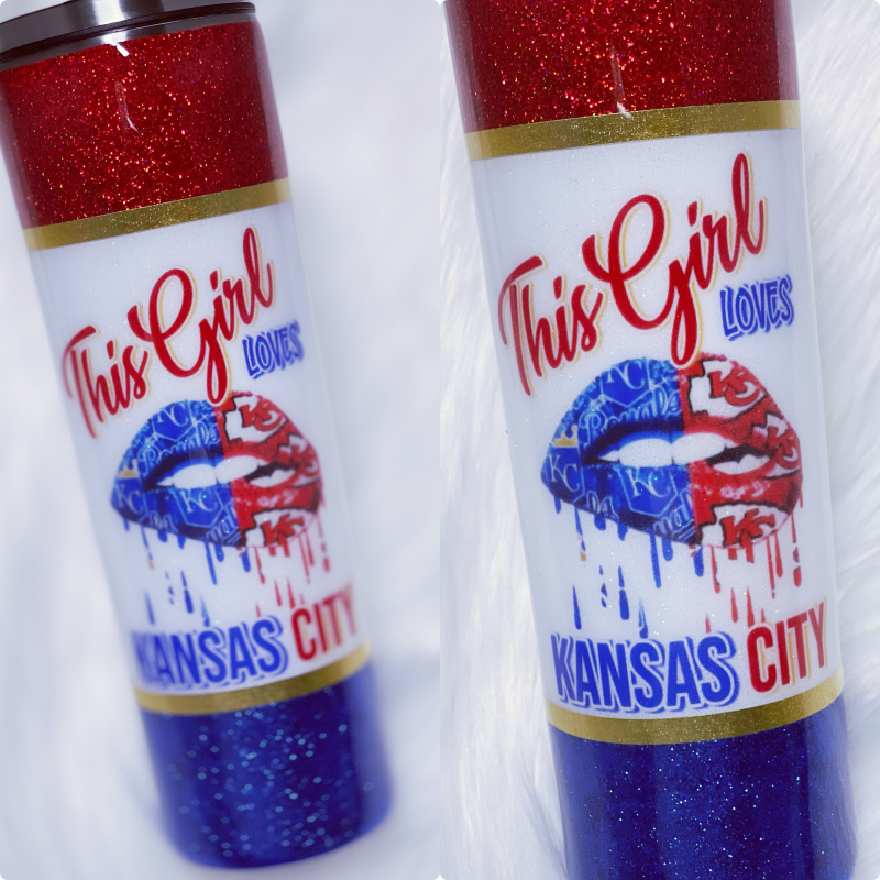 This Girl Loves Kansas City Glitter Tumbler | Kansas City Chiefs | Kansas City Royals | Chiefs and Royals Split Tumbler