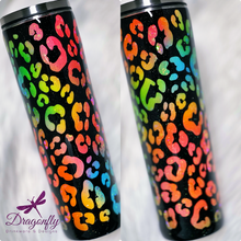 Load image into Gallery viewer, Neon Rainbow Leopard Print with Black Background Custom Glitter Stainless Steel Tumbler Cup | 90&#39;s Vibe | Lisa Frank Inspired
