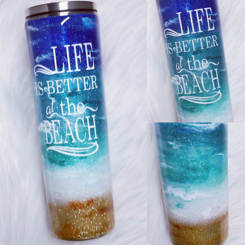 Life Is Better At The Beach Custom Glitter Stainless Steel Tumbler Cup Crashing Waves
