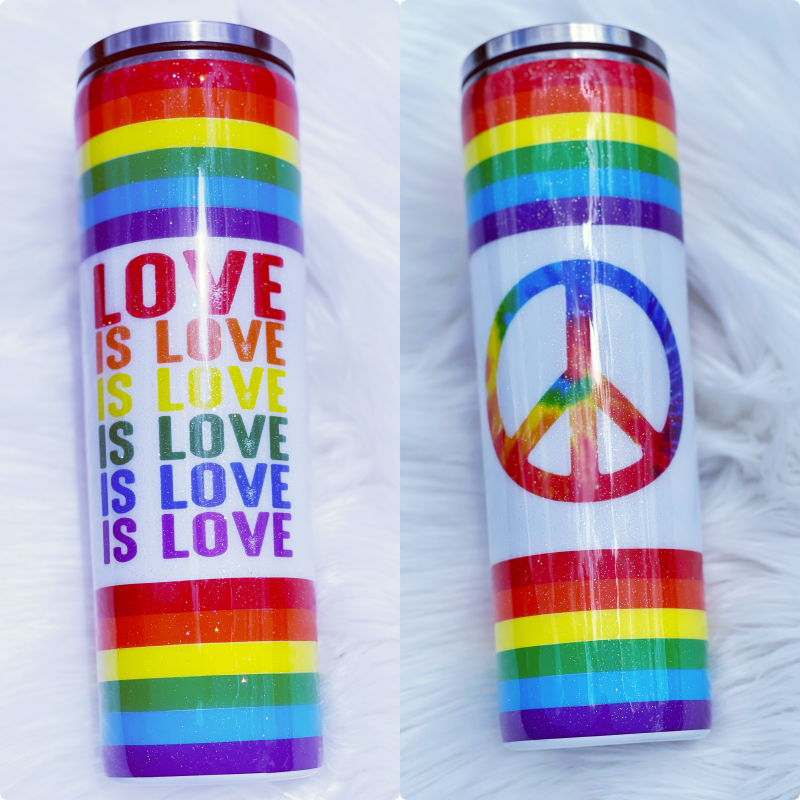 Love is Love Peace LGBTQ Gay Pride Rainbow Custom Glitter Stainless Steel Tumbler