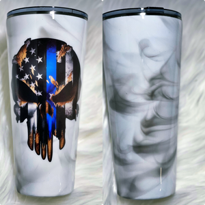 The Punisher Skull American Flag Blue Line with Smokey Background Custom Stainless Steel Tumbler Cup